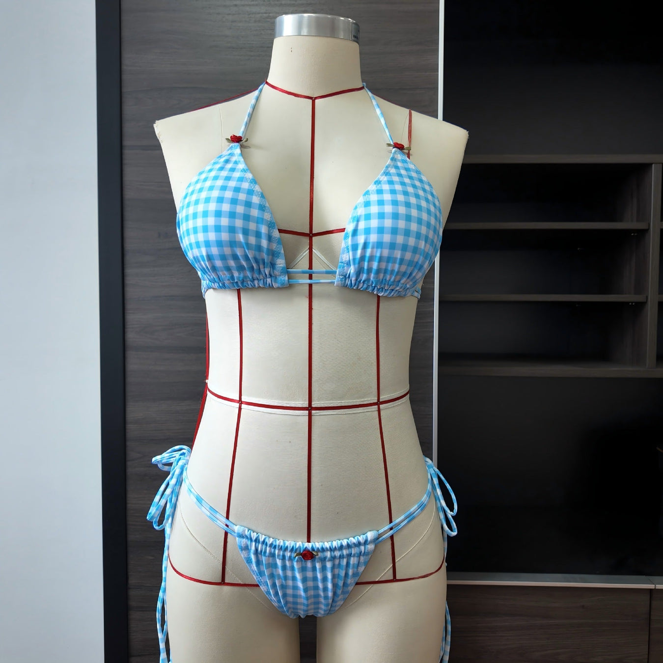 Blue White Plaid Banded Printed Roses Bikini Set