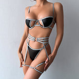 Underwear Three-piece Set Gold Silver Silk Line Faux Leather Stitching Suit Bikini Set