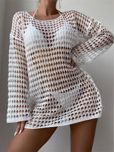 Knitted Hollow Out Cutout Out Pullover Round Neck Long Sleeves Bikini Blouse