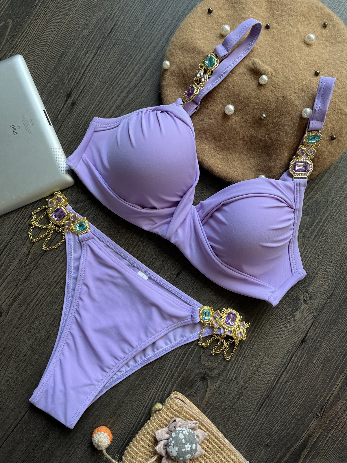 Gathering Steel Bracket Solid Bikini Crystal Diamond Beach Clothing