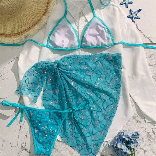 Blue Sequined Spaghetti Strap Halter Beach Bikini Top
