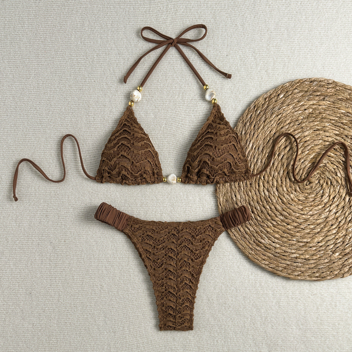 Special String Beads Texture Surface Lacing Bikini Set