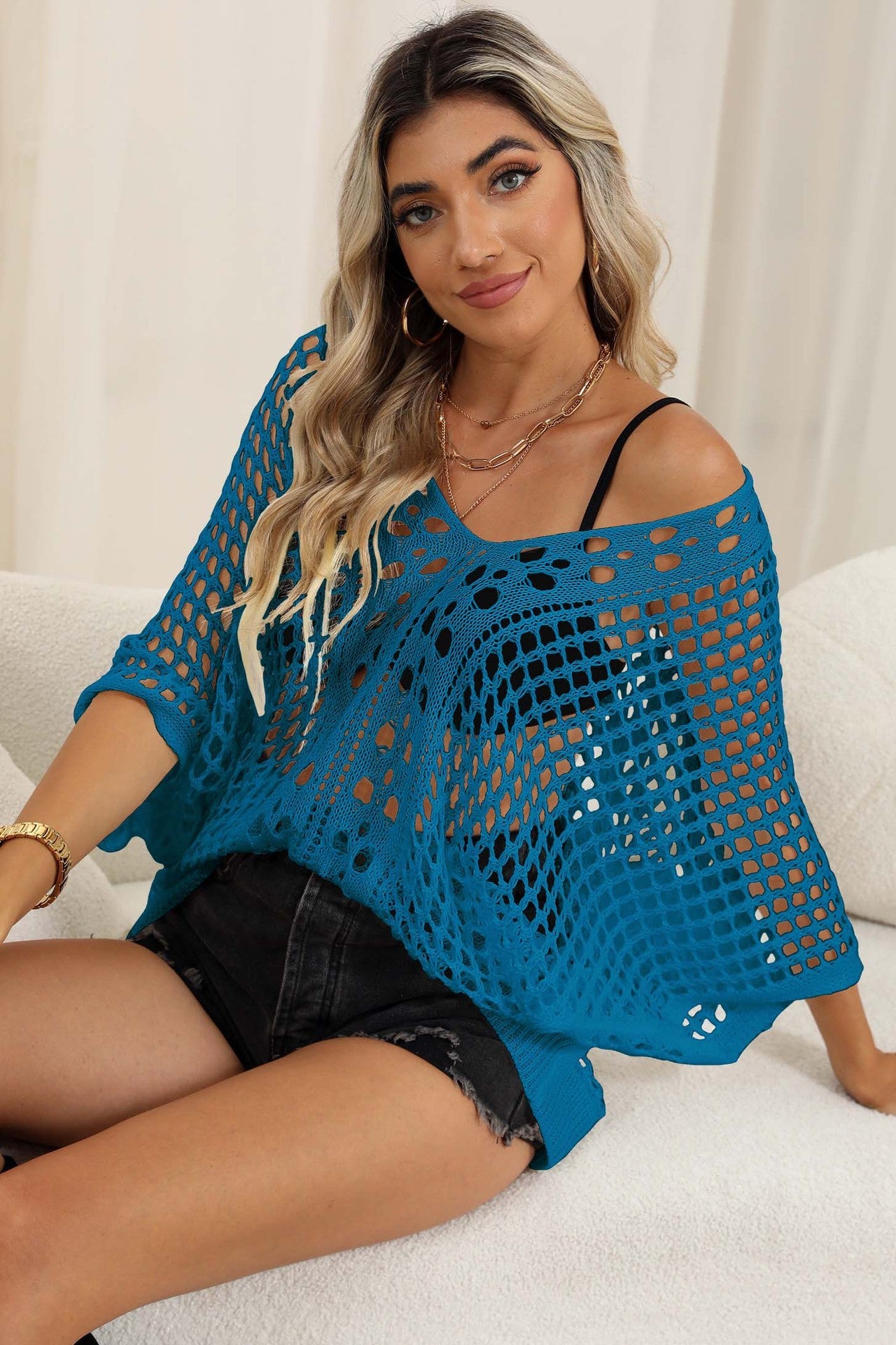 Bikini Cover Up Blouse Clothing Hollow Out Cutout Woven Shirt Batwing Sleeve Loose Top