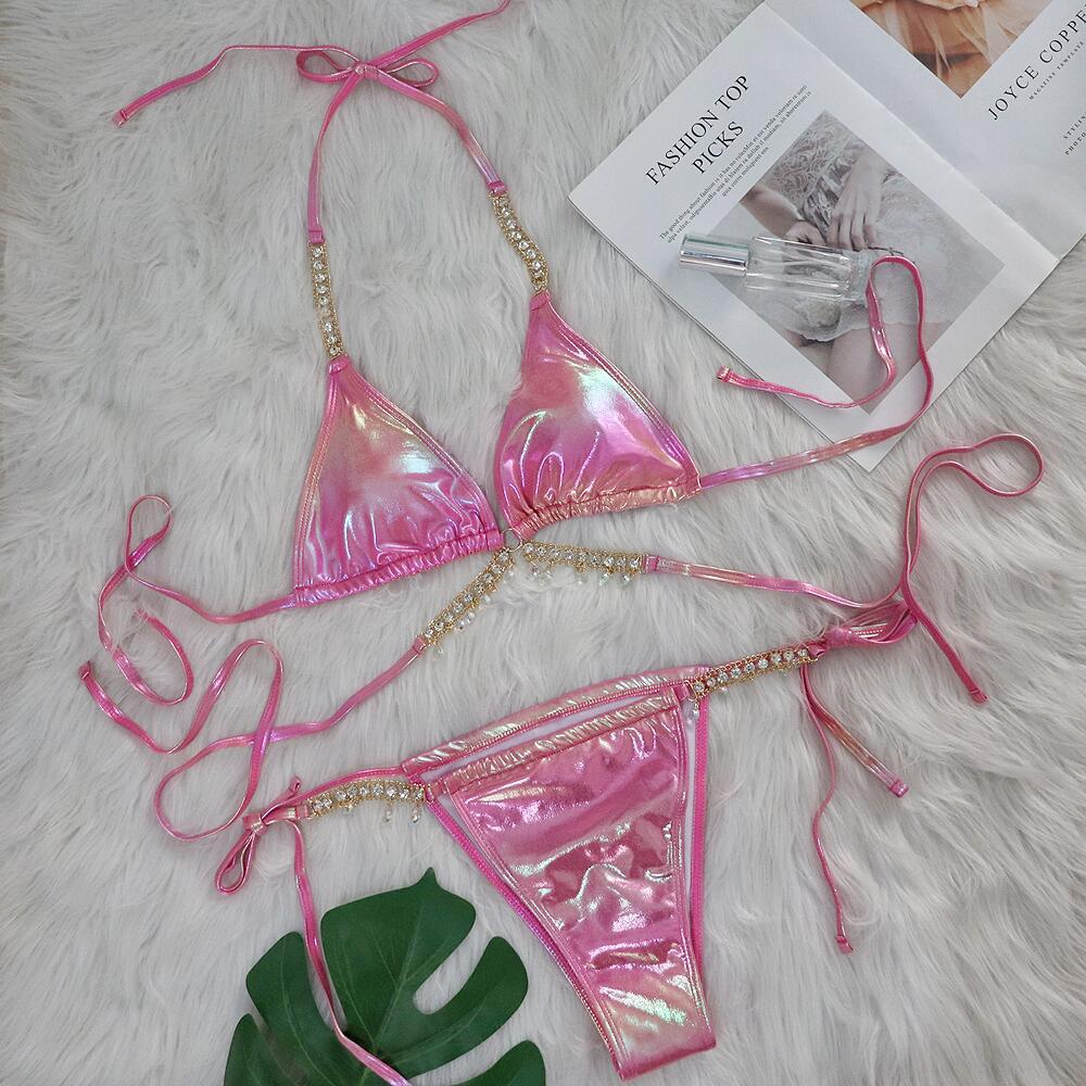 Crystal Diamond Bronzing Strap Bikini Set