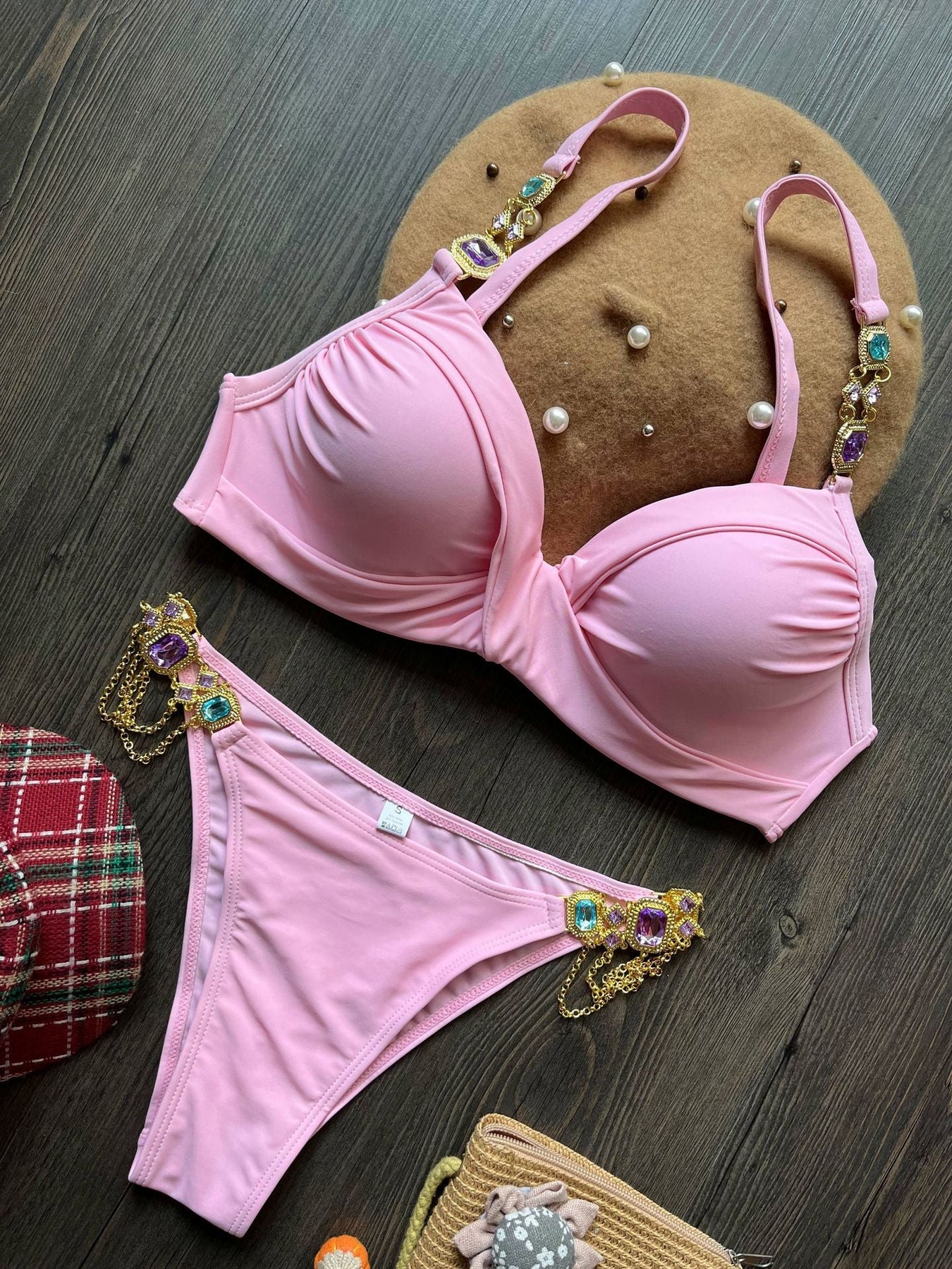 Gathering Steel Bracket Solid Bikini Crystal Diamond Beach Clothing