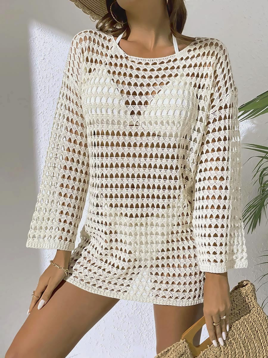 Knitted Hollow Out Cutout Out Pullover Round Neck Long Sleeves Bikini Blouse