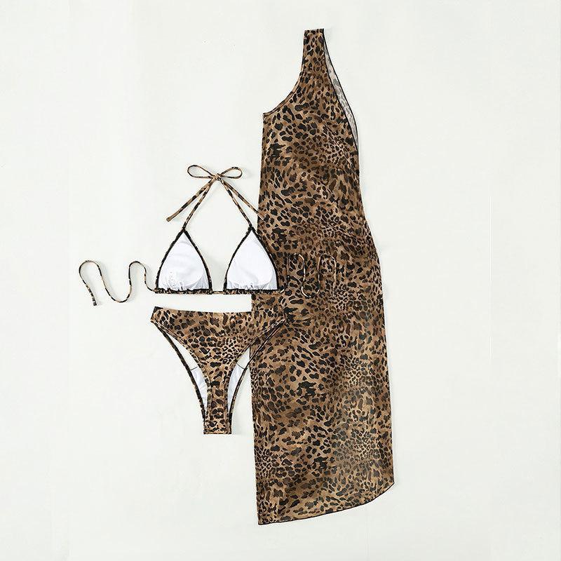 Leopard Print One Shoulder High Waist Suit Mesh Maxi Dress Bikini
