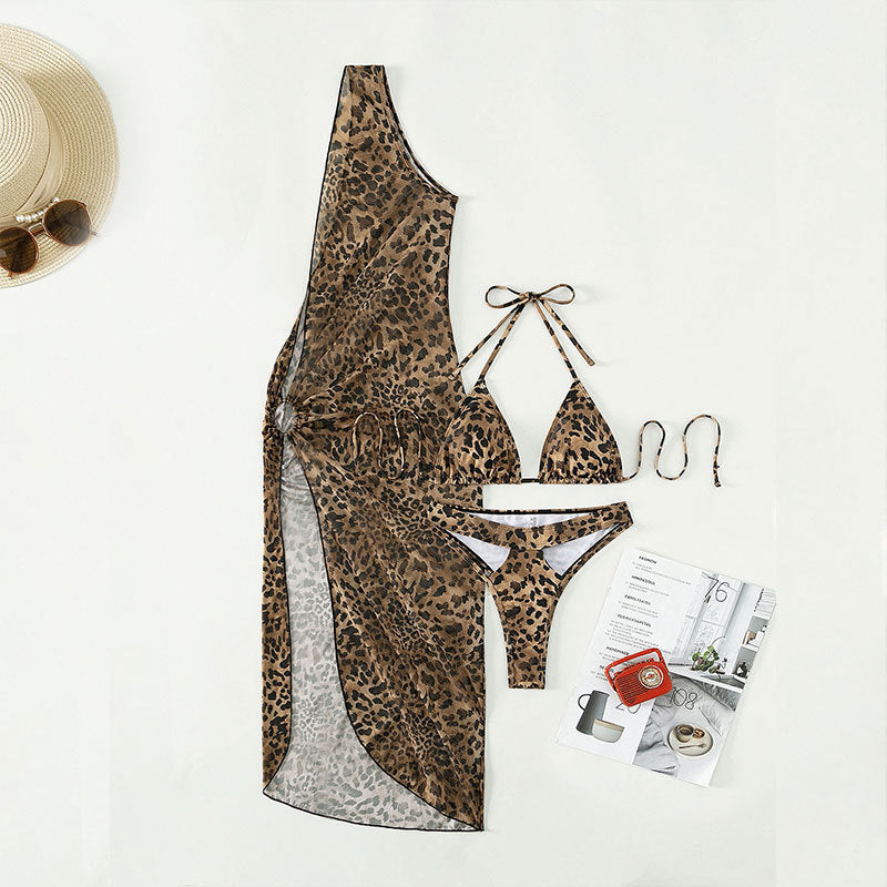 Leopard Print One Shoulder High Waist Suit Mesh Maxi Dress Bikini
