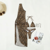 Leopard Print One Shoulder High Waist Suit Mesh Maxi Dress Bikini