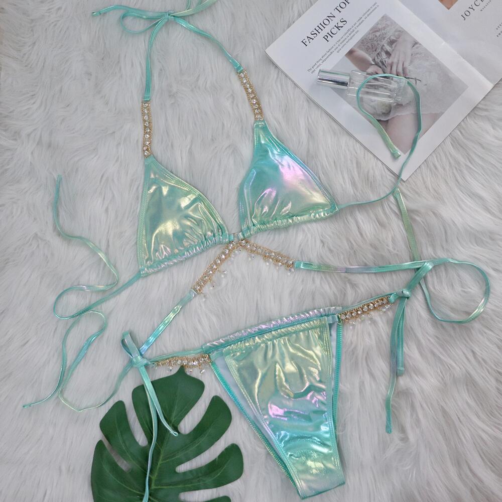 Crystal Diamond Bronzing Strap Bikini Set