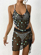 Beach Clothing Sequin Stitching Pure Hand Crocheting Bikini Sets Blouse