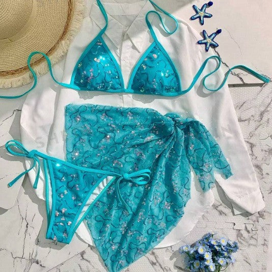 Blue Sequined Spaghetti Strap Halter Beach Bikini Top