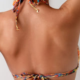 Halter Buckle Exposed Back High Waist Printed Bikini Bottom