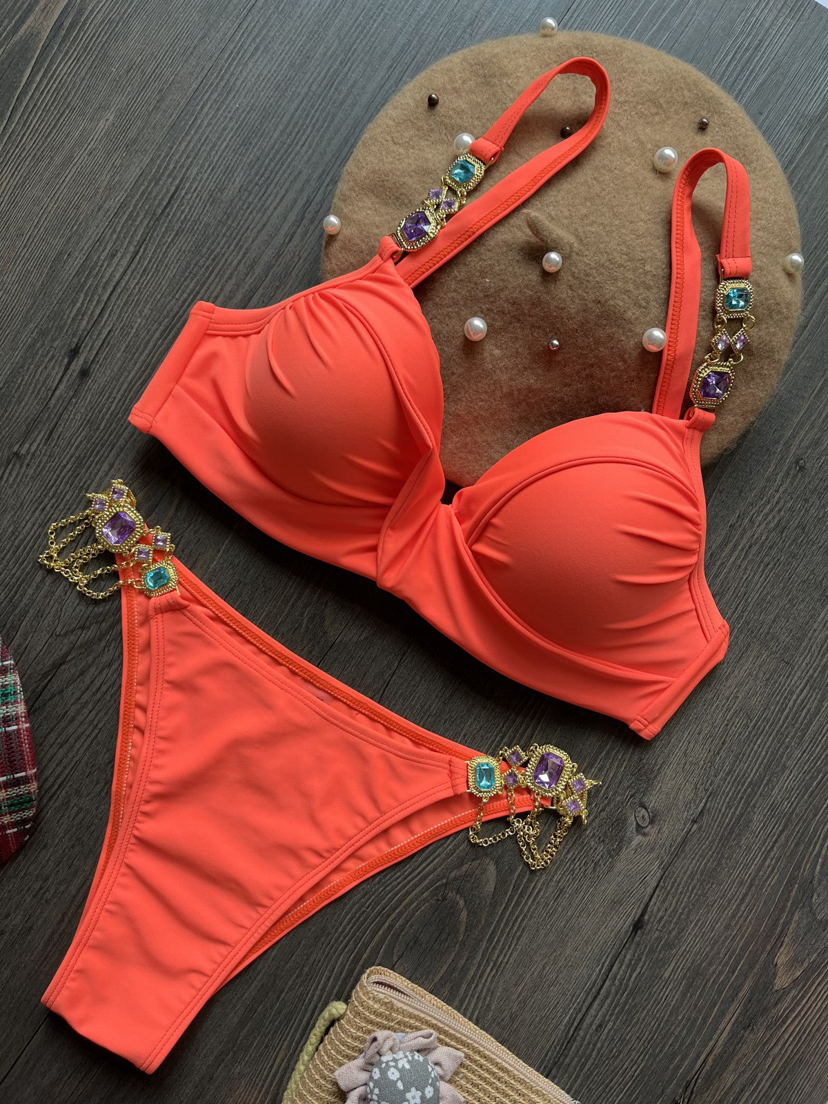 Gathering Steel Bracket Solid Bikini Crystal Diamond Beach Clothing