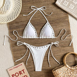 Halter Strap Metal Rivet Cutout Triangle Bikini Top