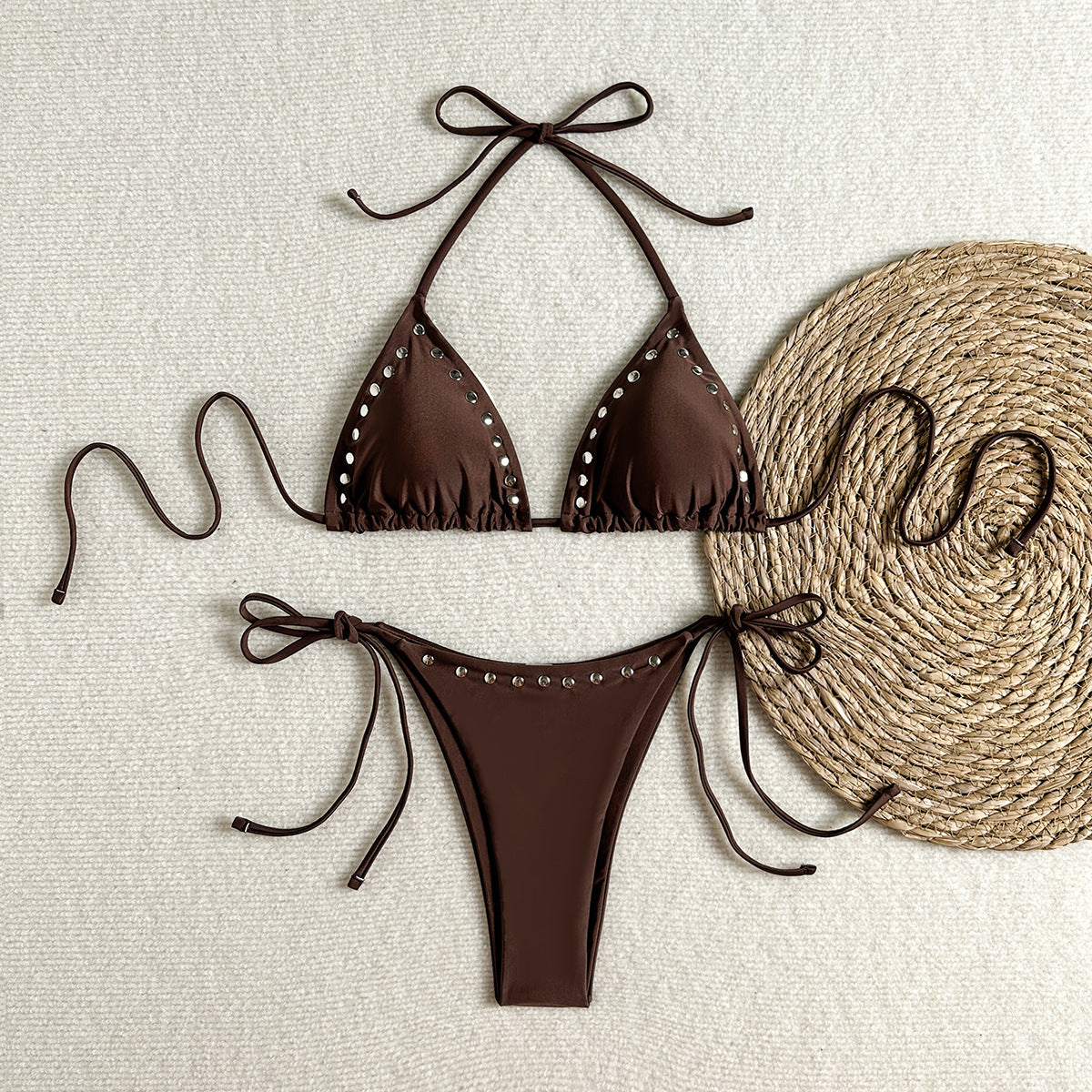 Halter Strap Metal Rivet Cutout Triangle Bikini Top
