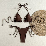 Halter Strap Metal Rivet Cutout Triangle Bikini Top