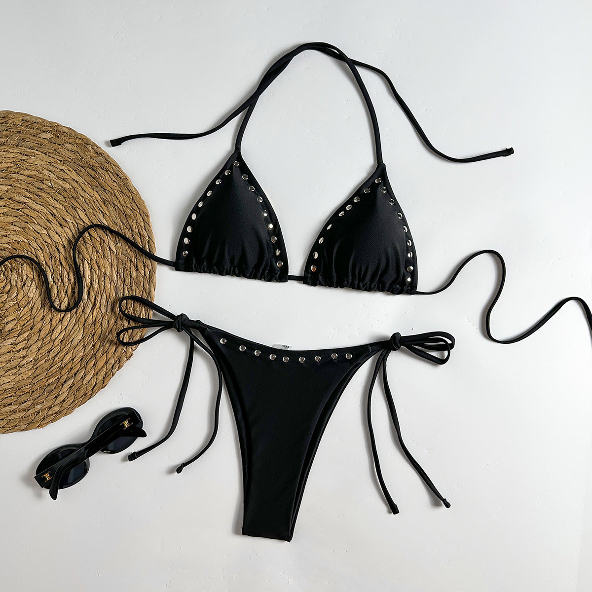 Halter Strap Metal Rivet Cutout Triangle Bikini Top