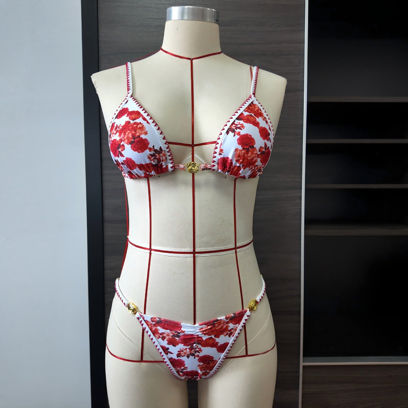 Rose Printed Lace-up Floral Low Waist Bikini Set