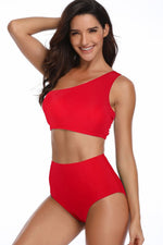 Solid Two Pieces One Shoulder High Cut Swimsuit