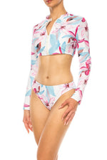 TWO PIECE FLORAL LONG SLEEVE SLEEK CUT OUT BIKINI