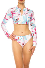 TWO PIECE FLORAL LONG SLEEVE SLEEK CUT OUT BIKINI