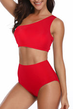 Solid Two Pieces One Shoulder High Cut Swimsuit