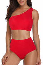 Solid Two Pieces One Shoulder High Cut Swimsuit