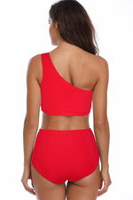 Solid Two Pieces One Shoulder High Cut Swimsuit